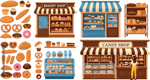 Canvastavla Bakery and Candy Shop Vector Mega Set Featuring Storefronts Cake Displays Bread