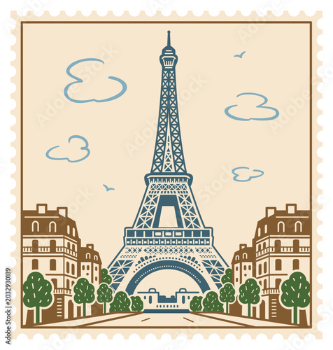 The Eiffel Tower in Paris in the form of a vintage postage stamp. Vector Illustration