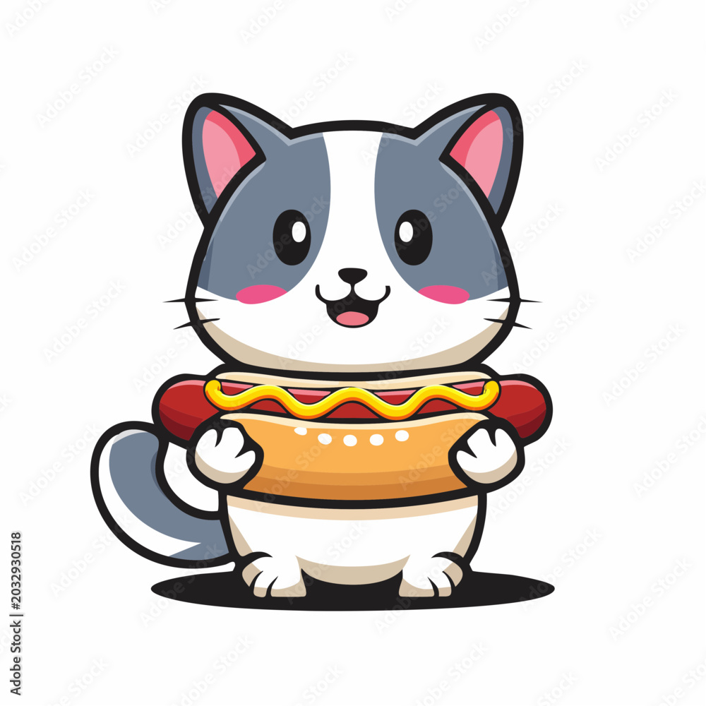 Fototapeta premium Cute Cat Holding a Hot Dog