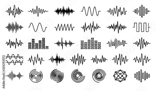 Bild auf Leinwand Monochrome audio sound wave vector set with radio frequency and digital equalize