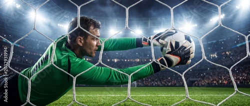 Soccer goalkeeper diving to catch ball in stadium during nighttime match with bright lights