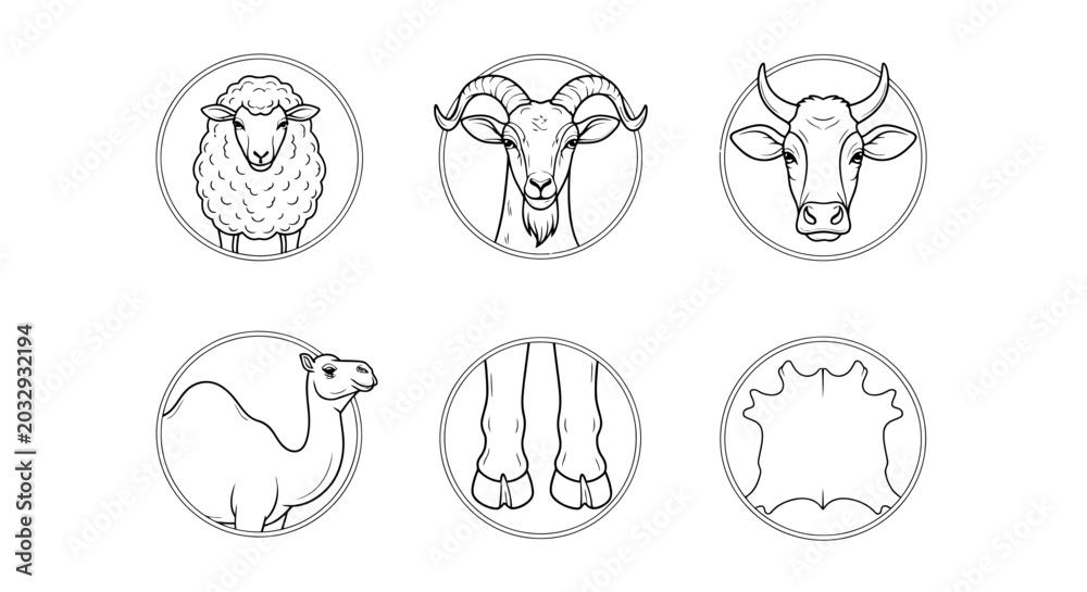 Fototapeta premium Minimalist livestock line icons set, farm animal head illustrations including sheep ram cow and camel, leather and wool production symbols in vector format