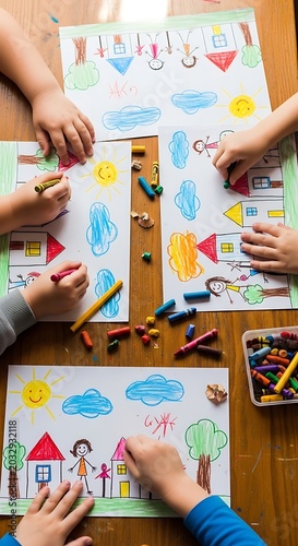 Colorful childrens drawings hanging on a string.