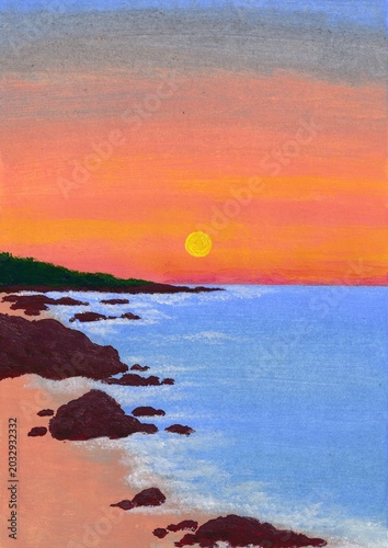Beautiful Landscape Painting of Pastel Coastal Sunset Scene. Peaceful Ocean Shore Painting