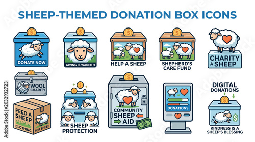 Collection of sheep themed donation box icons with cute lamb characters and coins on white background, representing livestock animal welfare and symbolizing communal aid for charity