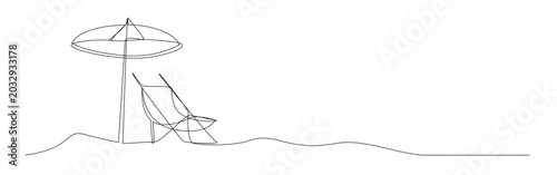 Single line drawing simple beach umbrella lounge deck chair wavy horizon sand relaxation.