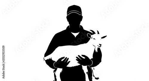 Cuadro en lienzo Black silhouette of farmer holding a goat, minimalist livestock breeder vector i