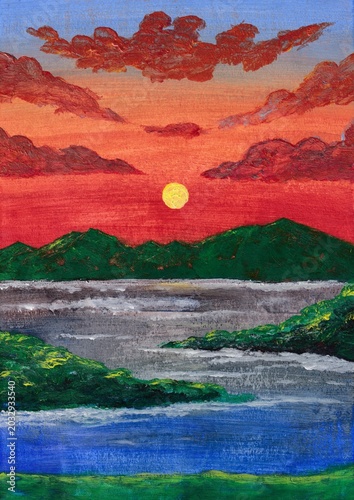 Beautiful Landscape Painting of River Valley Sunset Landscape. Mountain River Acrylic Painting