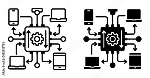 Bild auf Leinwand Centralized System Network Icons, Technology Connectivity Diagram, Digital Devic