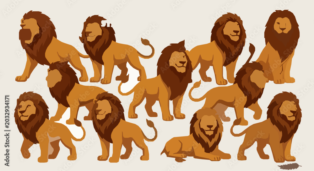 Fototapeta premium Creative lion character vector set with powerful king animal illustrations