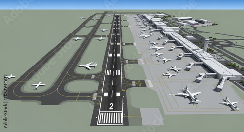 Tableau sur toile Modern Airport Terminal with Airplanes on Tarmac and Runways.