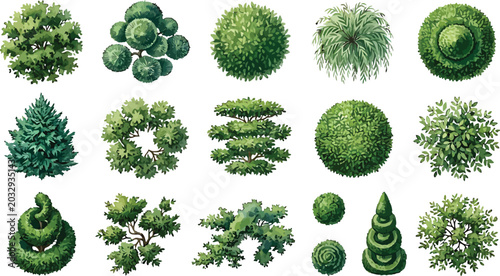 Set of top view trees and shrubs for landscape architecture design isolated on white background vector illustration