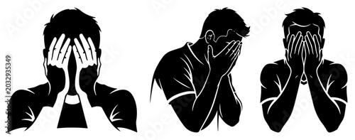 Obraz na płótnie Men covering faces with hands expressing disappointment or shame in black and wh