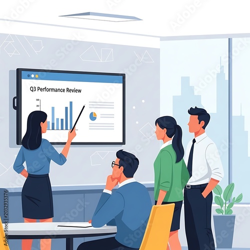Business professionals analyzing performance metrics on computer.