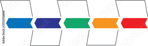 five step horizontal parallelogram chevron arrow banner flow chart in white blue green orange and red flat vector for business process infographic presentation isolated background.