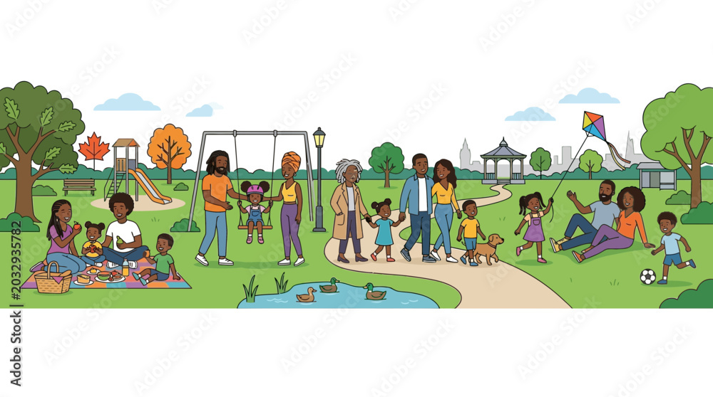 Fototapeta premium Diverse families enjoying a sunny day together at a public park.