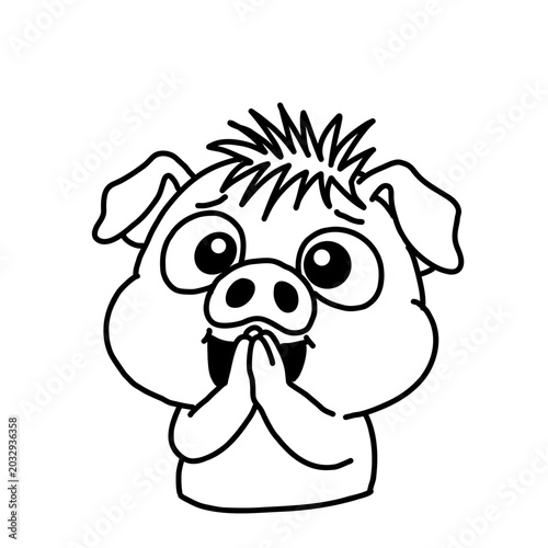 Foto Cute pleading pig character illustration with shining eyes holding hands togethe