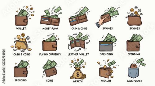 Hand drawn set of various leather wallets with floating banknotes and money bags overflowing with gold coins, representing financial management and illustrating wealth accumulation success