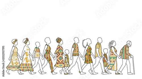 Foto A diverse group of people walking together in a line wearing patterned clothing