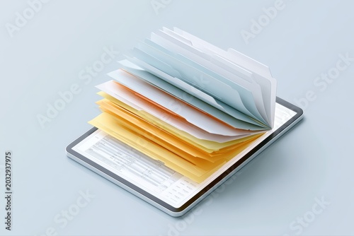 Tax document management system on tablet with digital folders, representing bookkeeping, receipts and accounting organization