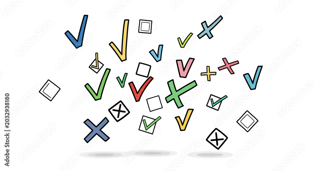 Obraz premium checkmarks crosses and colorful hand-drawn symbols for decisions and choices illustrating feedback for voting and survey results.