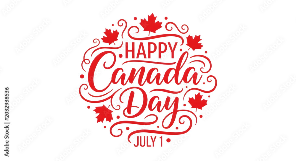 Fototapeta premium Red and white happy Canada Day text with maple leaves on black july