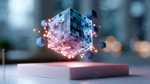 A glowing softly defocused machine learning hologram with floating neural network tiles drifts above a clean bright pastel platform machine learning faceless concept soft
