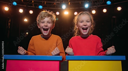 Excited Kids in Sweaters Celebrating on Stage during a Game Show
