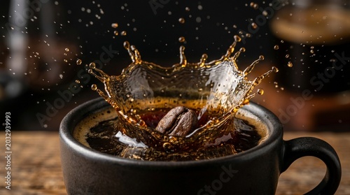 Fresh roasted coffee bean falling into a dark ceramic cup creating a beautiful dynamic splash in this crisp professional photograph