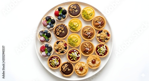 top view assorted tasty sweet tartlets with fresh berries, chocolate, nuts and pistachio on dessert white plate and isolated on white background
