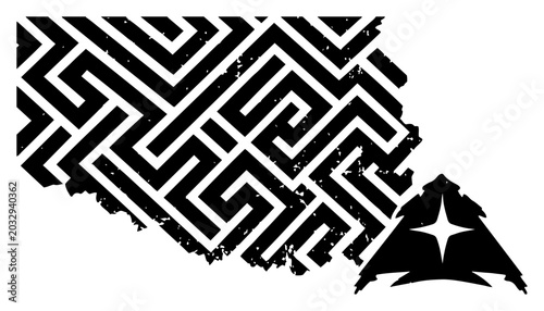 Obraz na płótnie Geometric Greek key meander pattern with tribal arrow emblem in distressed grung