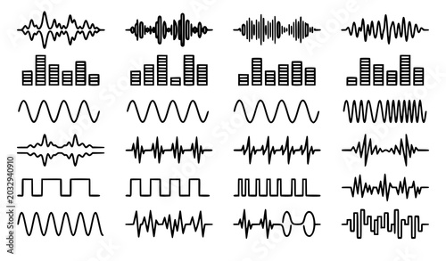 Tableau sur toile Abstract black audio wave vector pack with voice sound music shapes and frequenc