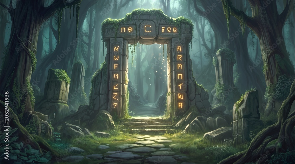 Obraz premium Mystical stone gateway standing in a dark enchanted forest. Glowing runes on pillars mark the entrance to a hidden path among mossy trees.