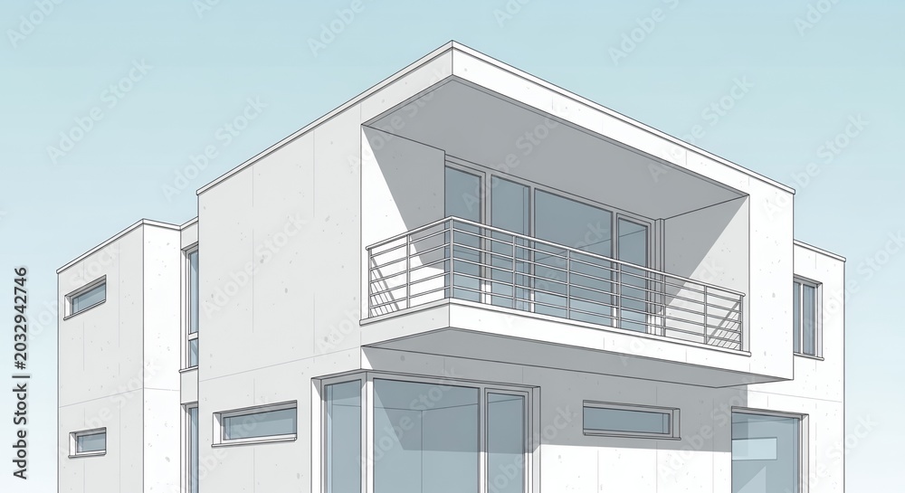 Fototapeta premium Modern Minimalist House Architectural Sketch with Balcony and Large Windows on Blue Sky Background