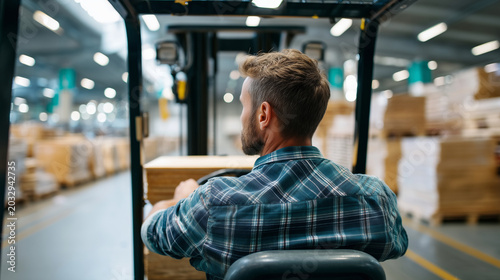 European warehouse worker viewed from behind operating forklift moving large solar panel pallet inside bright modern green technology distribution warehouse, only back and shoulder