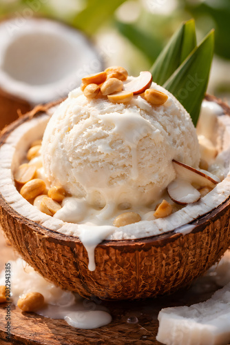 Authentic Thai coconut ice cream served in a coconut shell with roasted peanuts.