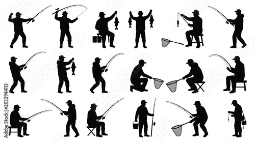 Cuadro en lienzo Set of fishing silhouettes, fishermen with fishing rods, nets and caught fish