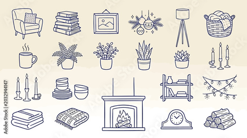 Cozy home interior elements set, hand drawn doodle style collection of furniture, decor, plants, fireplace, and festive items for living room design