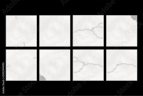 Fotografía A collection of eight separate square icons displaying different cracked concrete and stone textures in light grey tones, arranged on a solid black background
