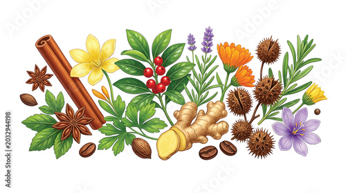 Botanical illustration of various herbs, spices, and flowers including cinnamon, ginger, lavender, calendula, star anise, coffee beans, and berries arranged on a