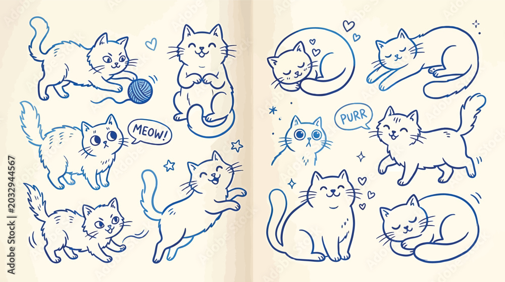 Obraz premium Set of cute hand drawn cats in doodle style collection of funny kittens in various poses, playing with yarn, sleeping, sitting, and meowing