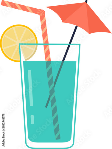 Tropical summer cocktail glass with lemon slice and umbrella isolated on white