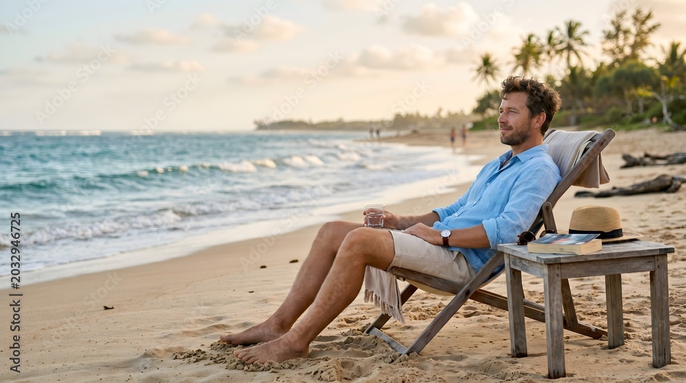 Fototapeta premium Man relaxing on beach chair enjoying the beautiful ocean view during sunset.