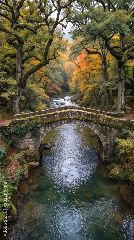 Obraz premium Stone arch bridge crossing forest river during autumn. Scenic woodland landscape with colorful fall foliage and flowing water.