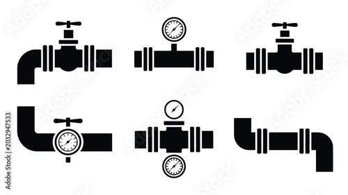 Cuadro en lienzo Pipe icon set featuring plumbing valves and pressure gauges black vector industrial pipeline elements isolated on a white background