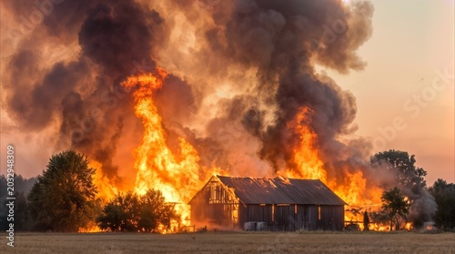 Barn engulfed in massive fire on rural farmland. Intense orange flames and thick dark smoke rising from burning wooden structure during sunset.