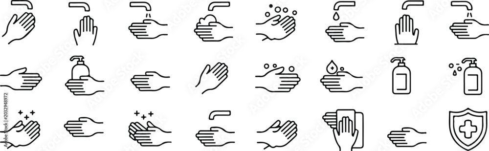 Fototapeta premium Hand washing and hygiene line icon set with soap pump bottle faucet water drops and shield protection symbols isolated on white background