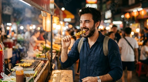 Happy man enjoying street food at night market, smiling and eating delicious snack.