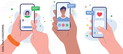 Bild auf Leinwand Hands holding smartphones using mobile applications for chatting video calling and social media vector illustrationHands holding smartphones using mobile applications for chatting video calling