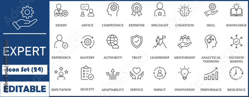 Expert icon set. Containing advice, competence, expertise, knowledge, skill, life events, specialist, experience and more. Solid vector icons collection.